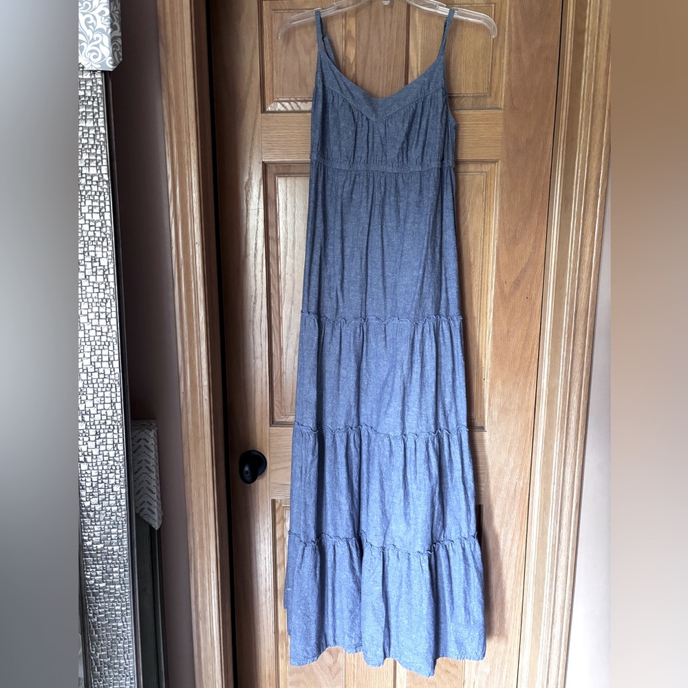 Denim look 100% Cotton Adjustable Strap Tiered Flowy Boho Maxi Dress M 10